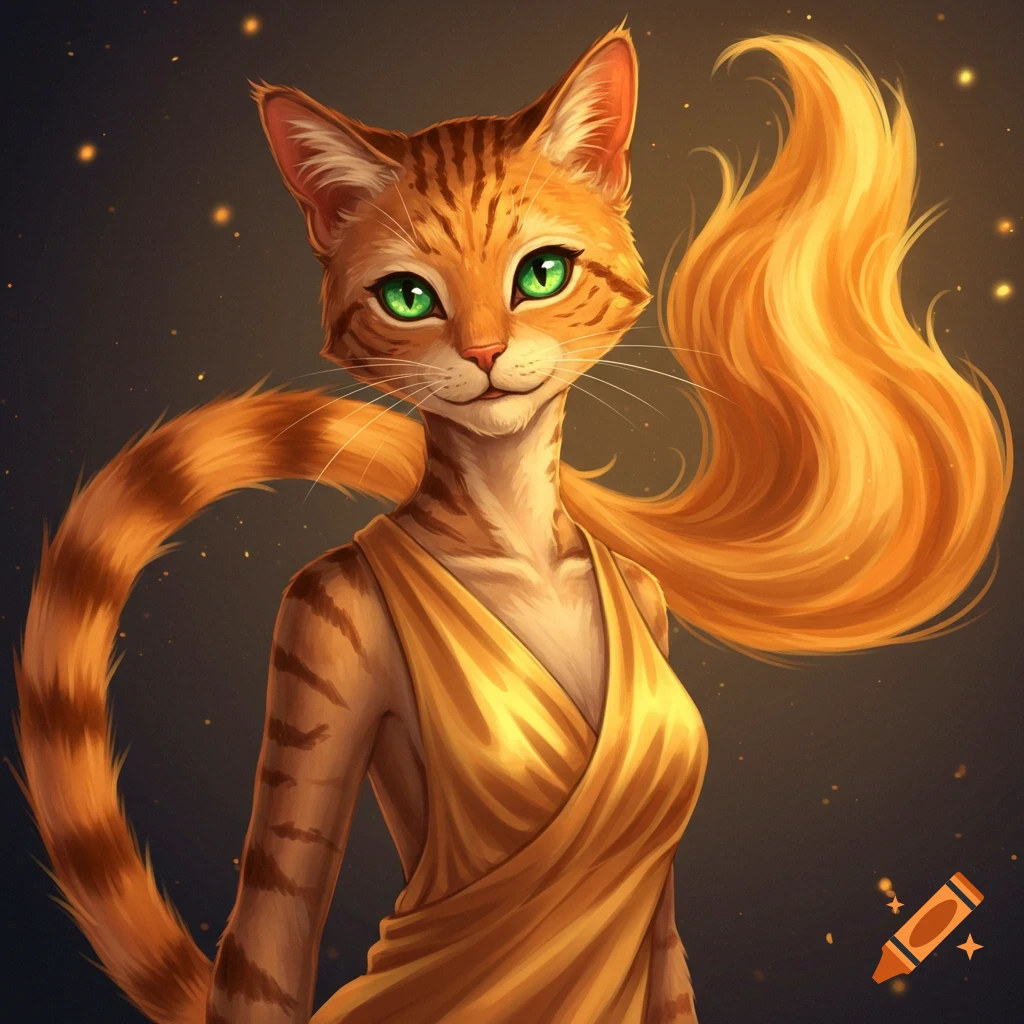 Digital painting of an anthro cat woman in a gold dress with bright green eyes and glowing sparkles.