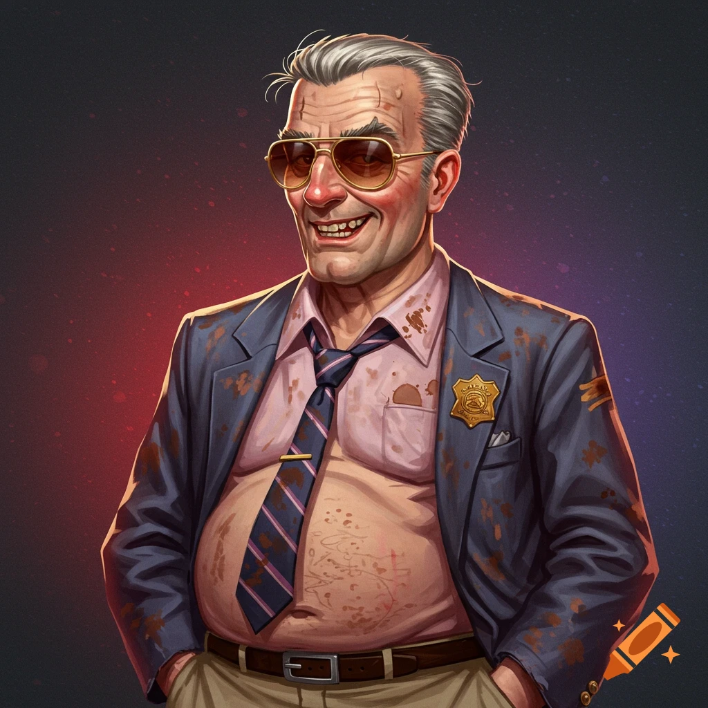 A messy, aging detective in sunglasses, a dirty suit, and open shirt showing his belly.