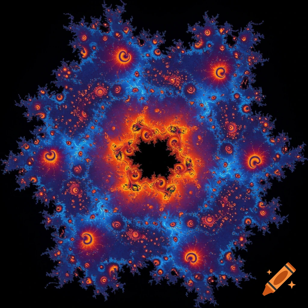 A colorful fractal pattern in blues, oranges, and reds on a black background.