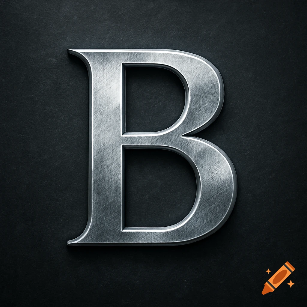 Metallic letter B on a dark background.