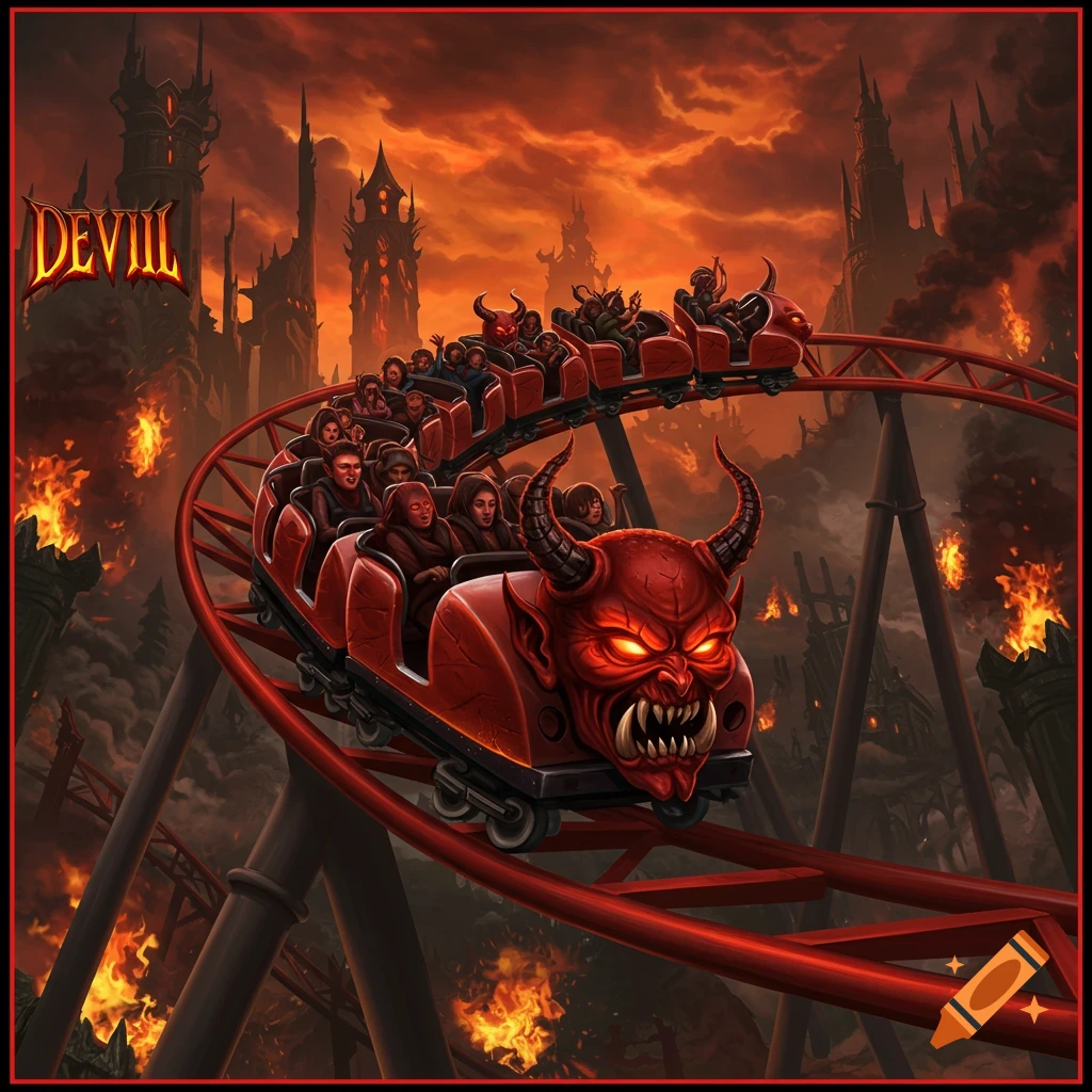 A devil-themed rollercoaster full of people rides through a fiery hellscape. Digital art.