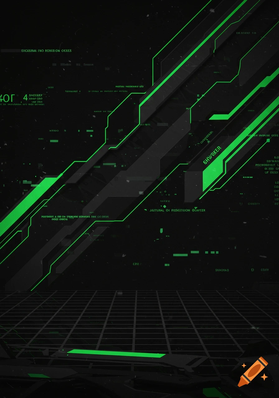 Dark minimalist wallpaper with glowing neon green lines and shapes representing circuit boards and data, against a black background with a grid pattern.