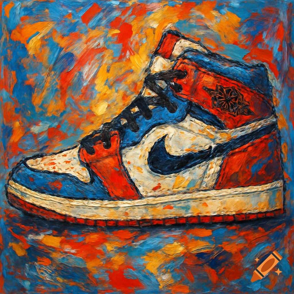 Abstract painting of a high-top sneaker in red, white, and blue.
