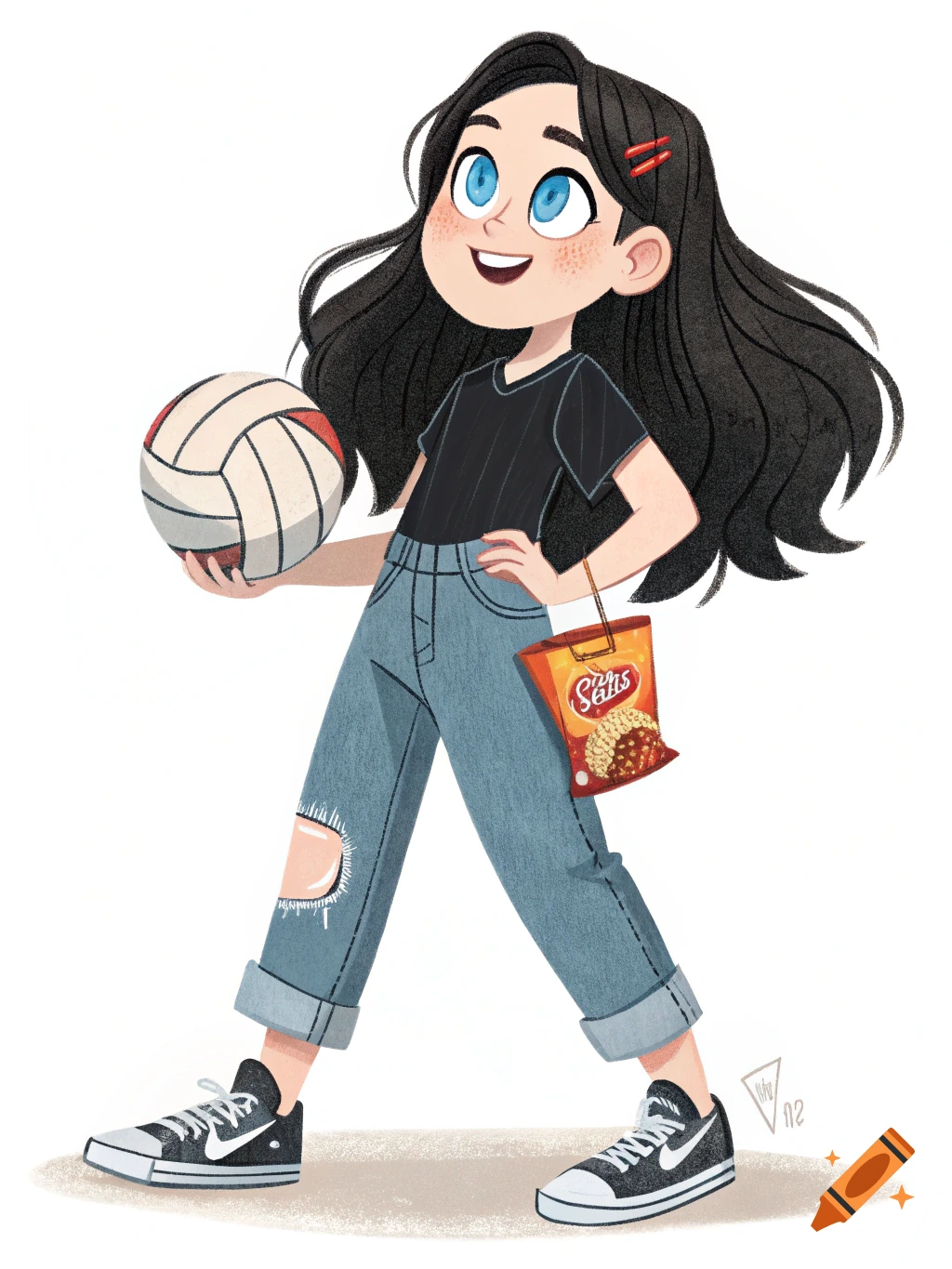 Cartoon illustration of a girl with black hair holding a volleyball, wearing ripped jeans and sneakers, and carrying a snack bag.