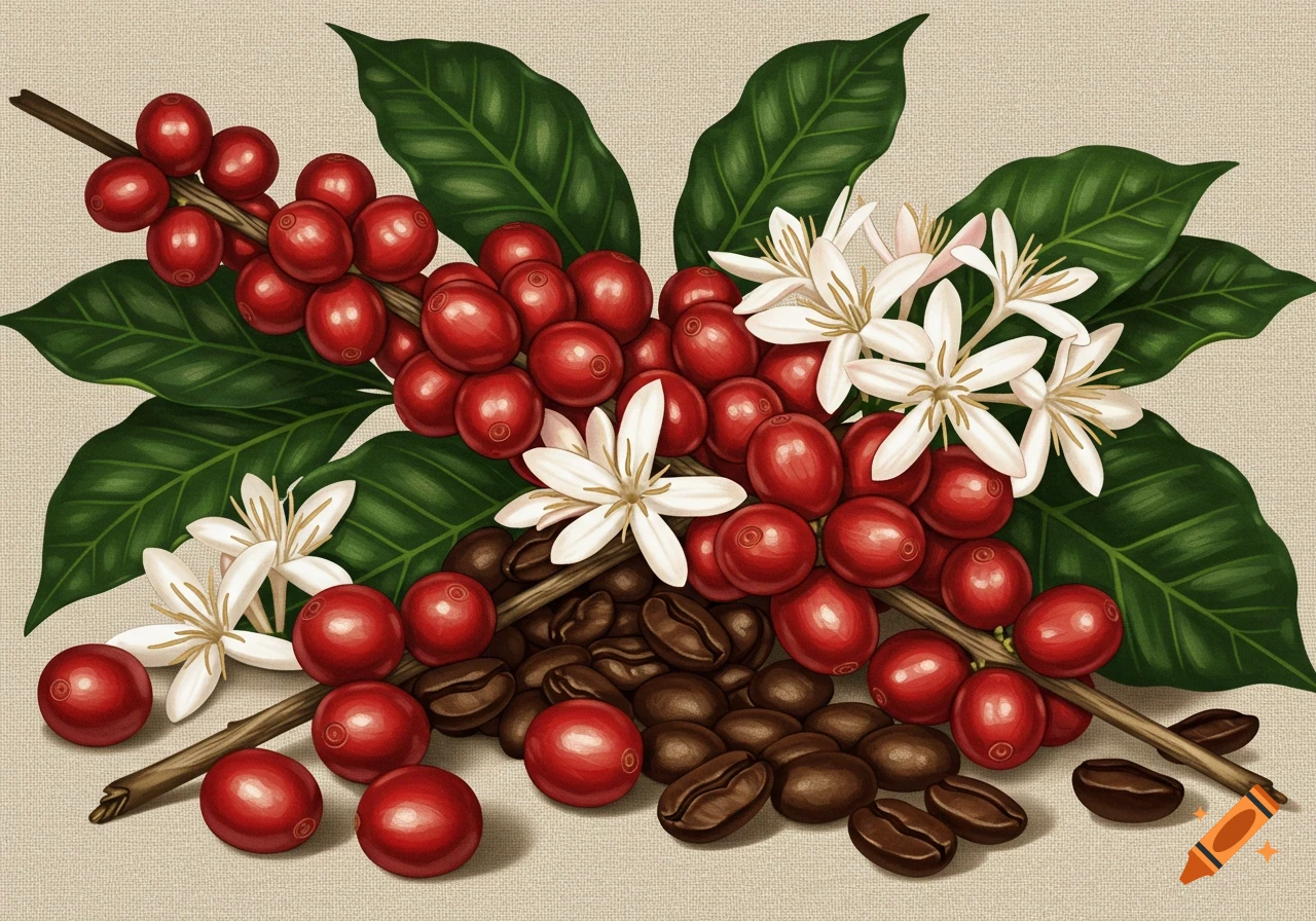 Illustration of coffee branches with red berries, white blossoms, and brown beans on a textured background.