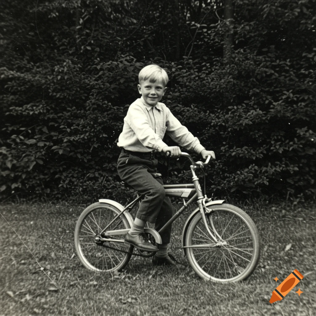 Black and white vintage photo of a young boy riding a bicycle in a yard.