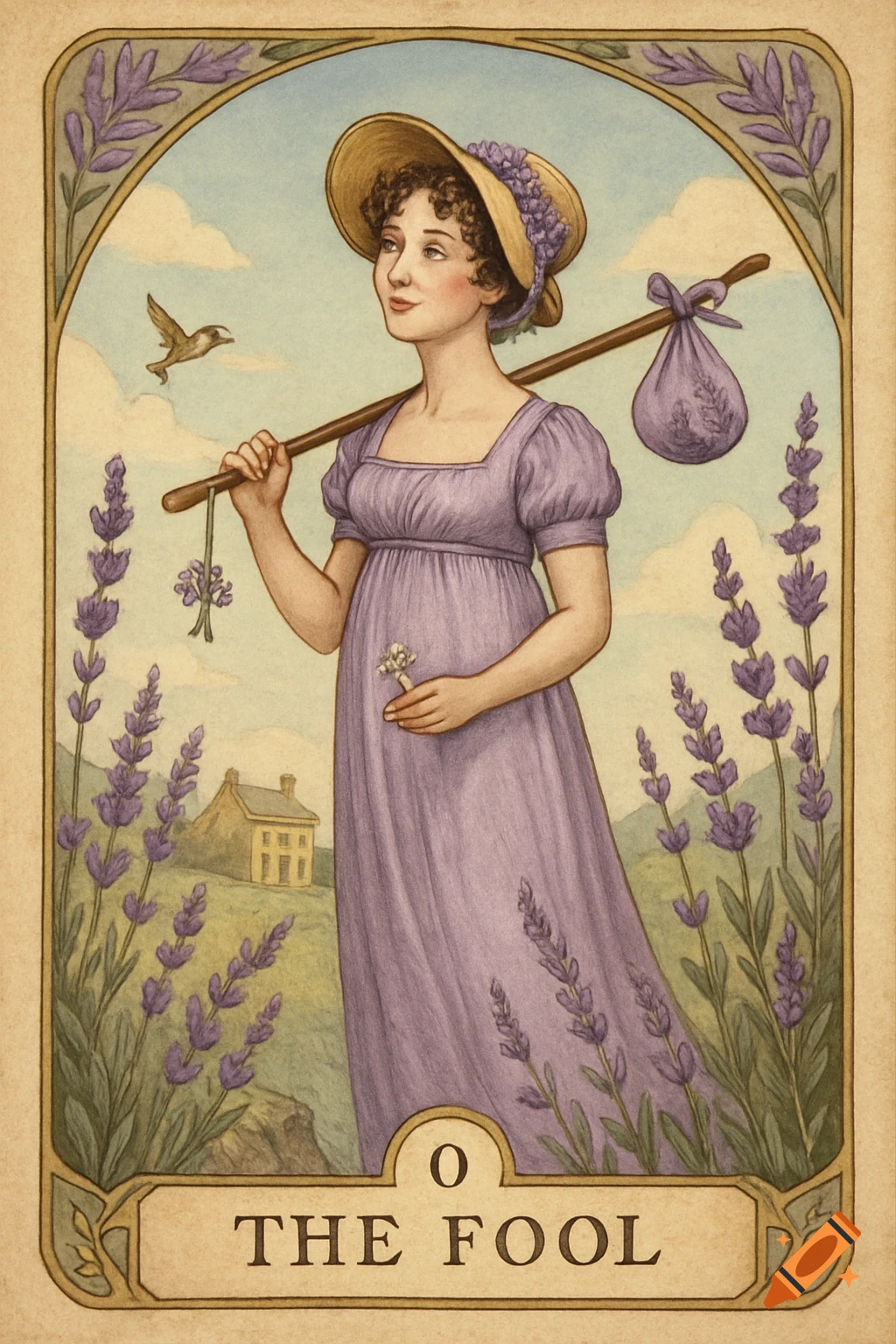 Illustration of a young woman in a purple dress and hat walking through lavender fields, carrying a staff, labeled 'The Fool' tarot card.