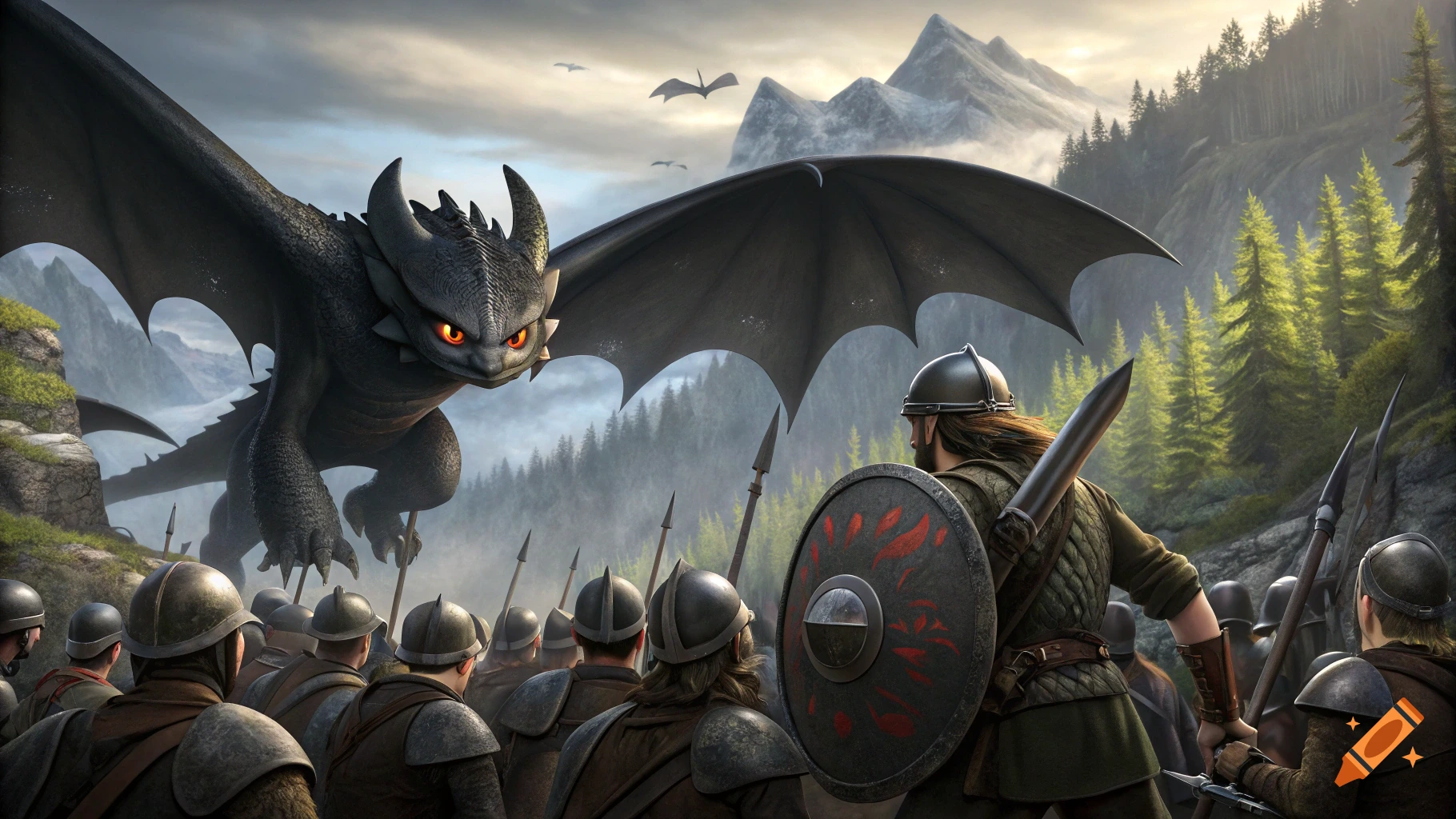 A black dragon faces a line of soldiers with spears and shields in a mountain forest.