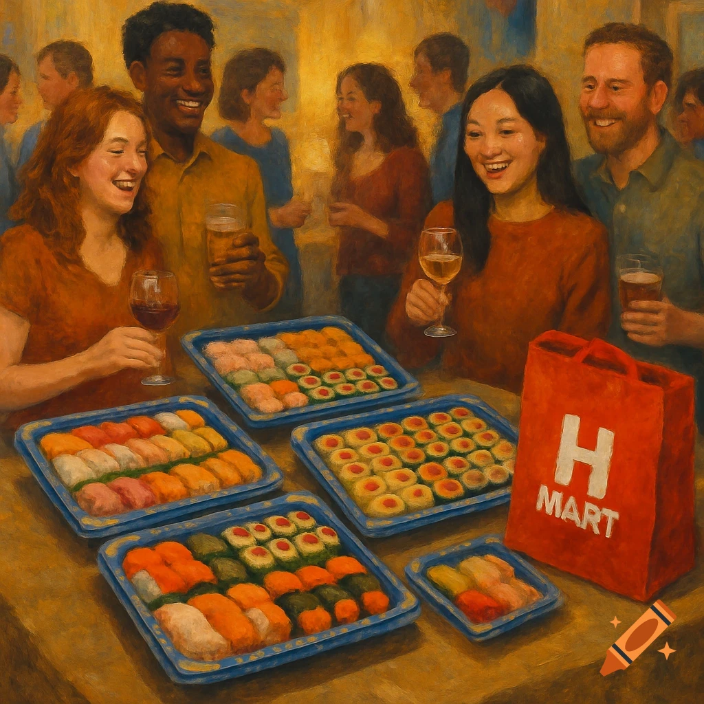 People smiling at a party with trays of sushi and a shopping bag on a table.