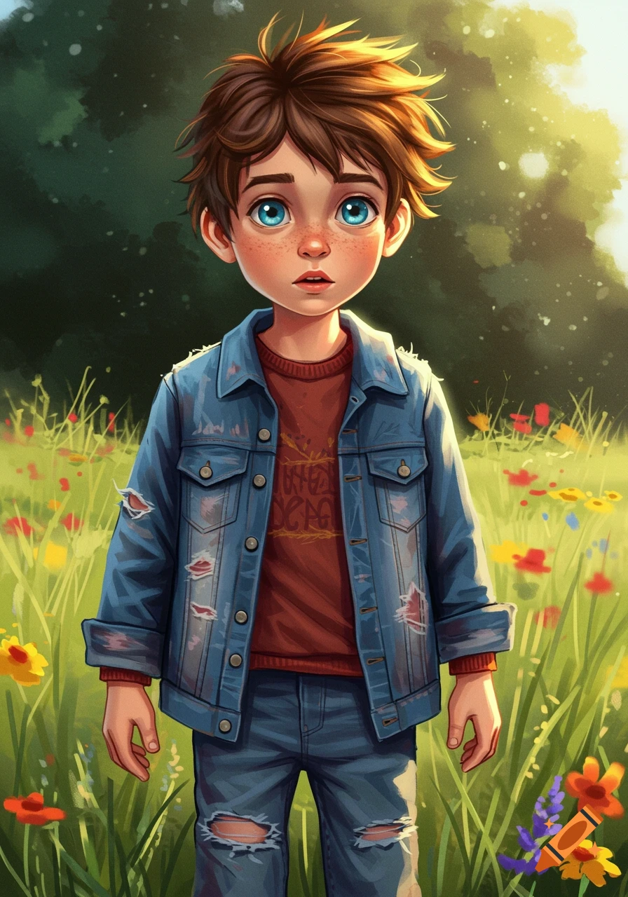 Illustration of a young boy with big blue eyes and freckles wearing a denim jacket, standing in a field of colorful flowers.