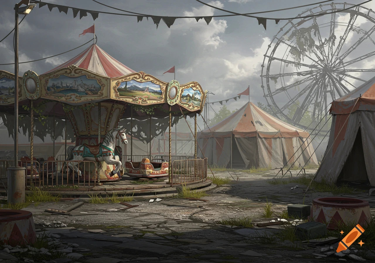 Abandoned carousel and Ferris wheel in a run-down circus fairground under a cloudy sky.