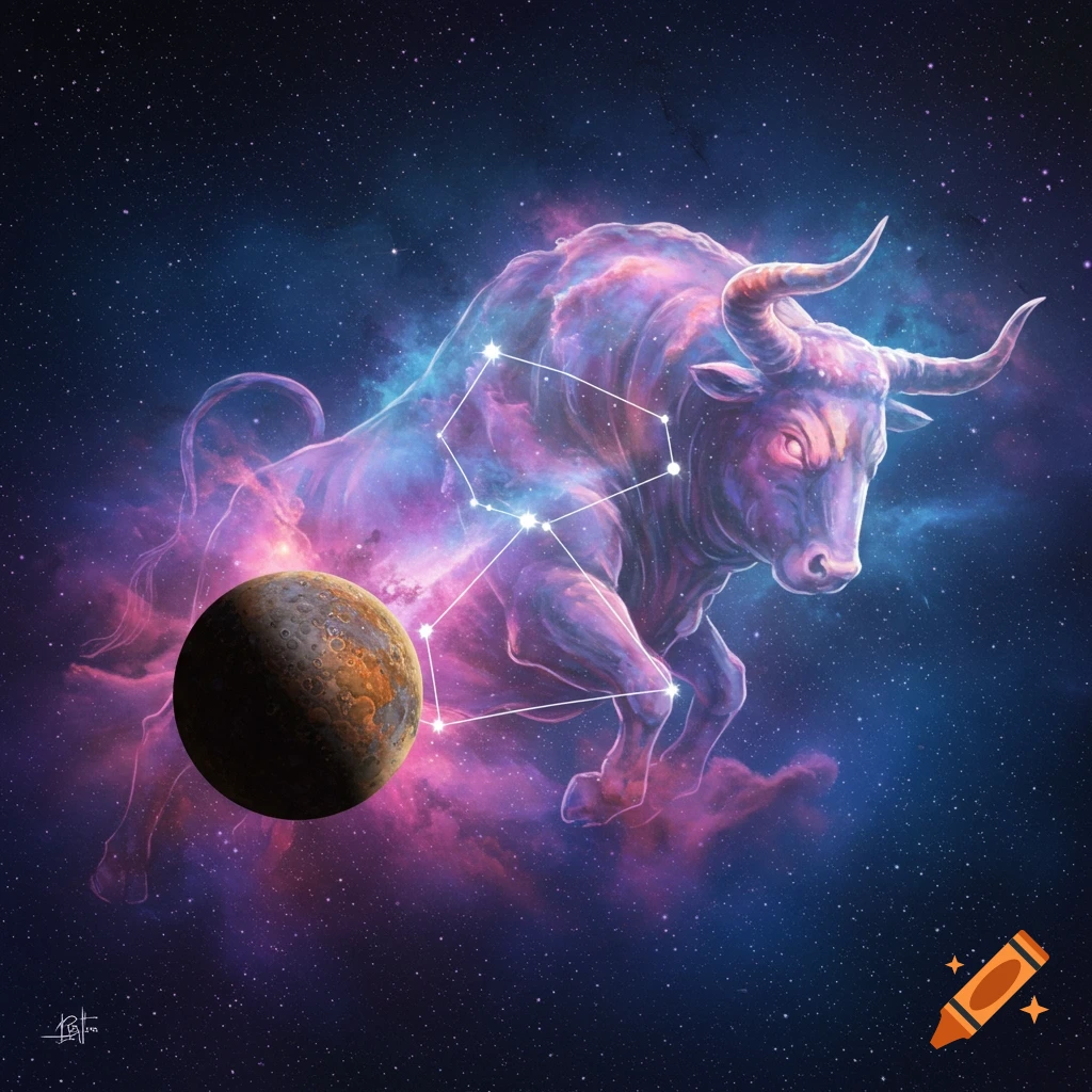 A celestial bull representing Taurus with a constellation outline, standing in space next to planet Mercury.