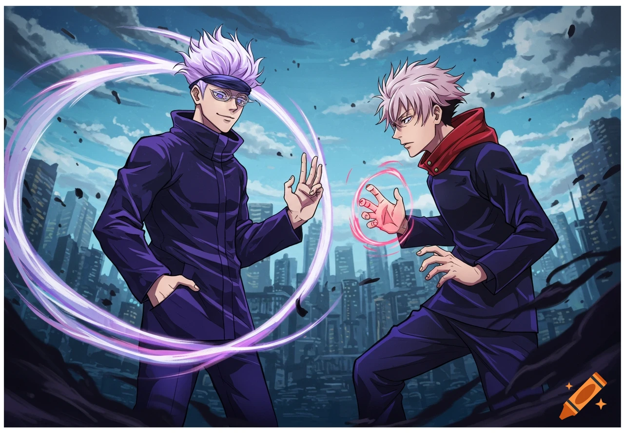 Two anime characters with white hair face off in a ruined city, surrounded by power effects.
