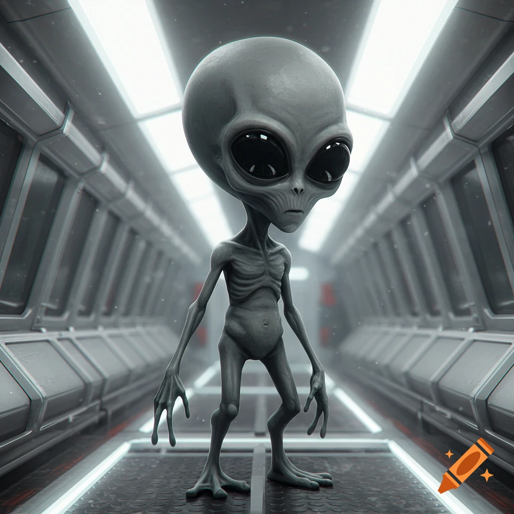 A grey alien with large black eyes stands in a futuristic space station corridor.