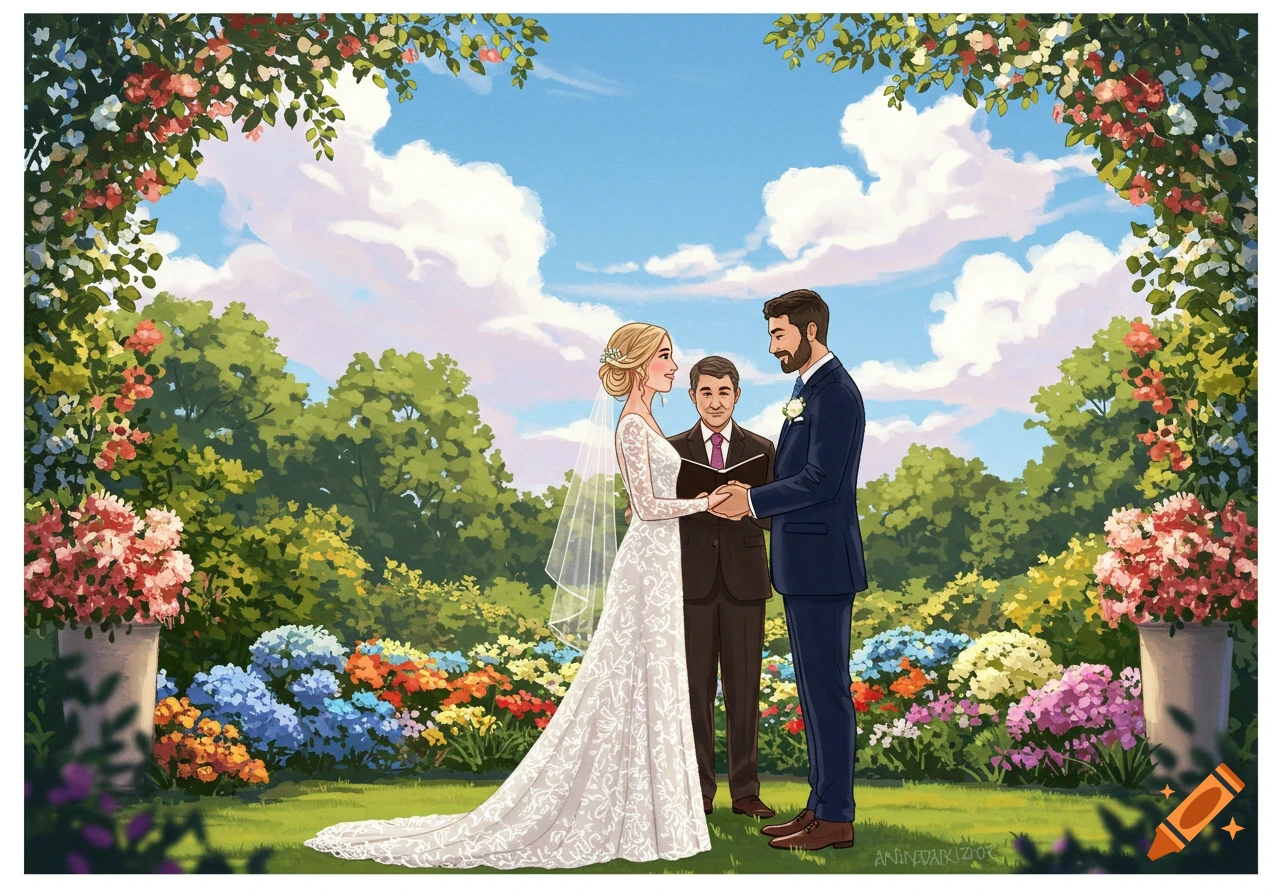 Illustration of a wedding ceremony outdoors.