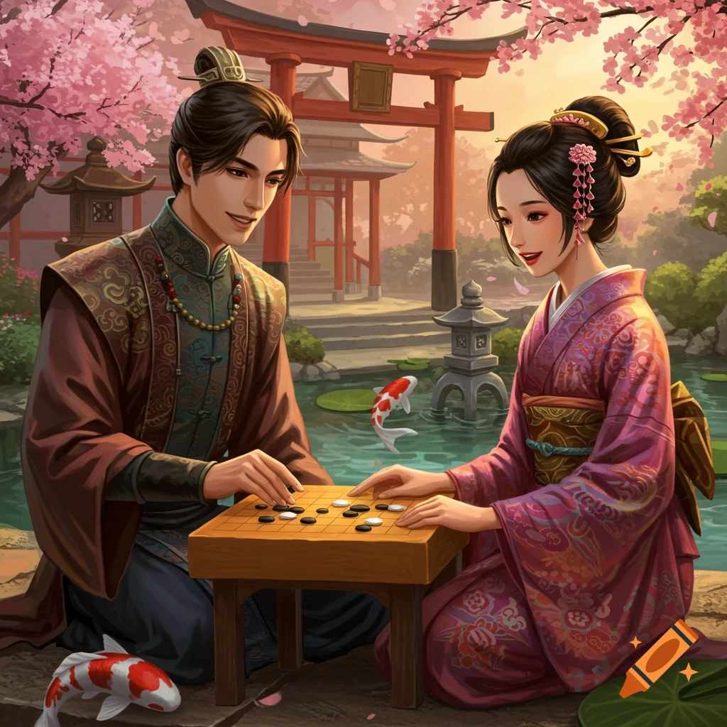 A man and woman in traditional clothing play Go in a garden with a torii gate, cherry blossoms, and koi.
