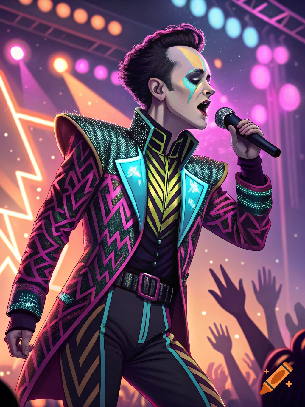 Strix Singer A stylized singer in a vibrant, patterned outfit performs on stage with ...