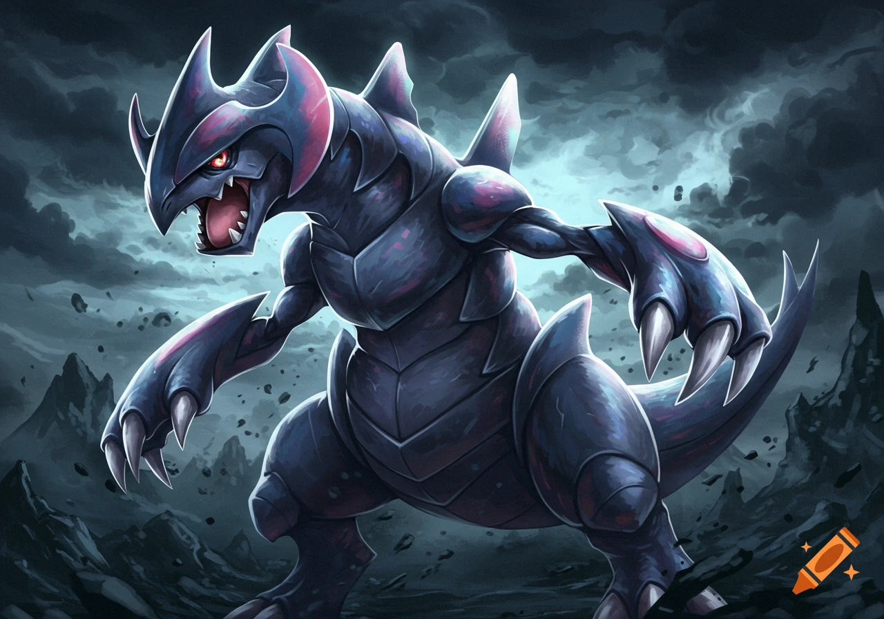 A digital painting of the Pokemon Haxorus standing in a dark, rocky landscape under a stormy sky.