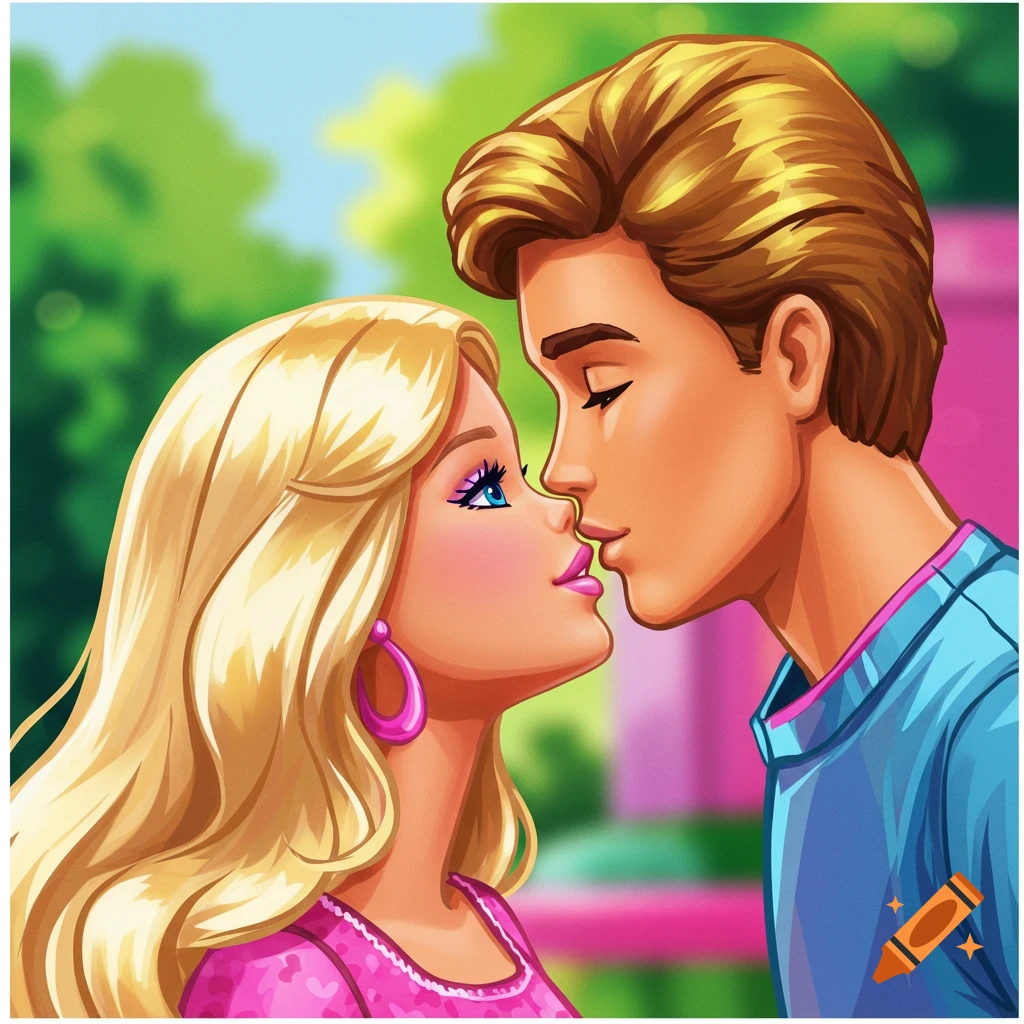 Illustration of Ken and Barbie about to kiss