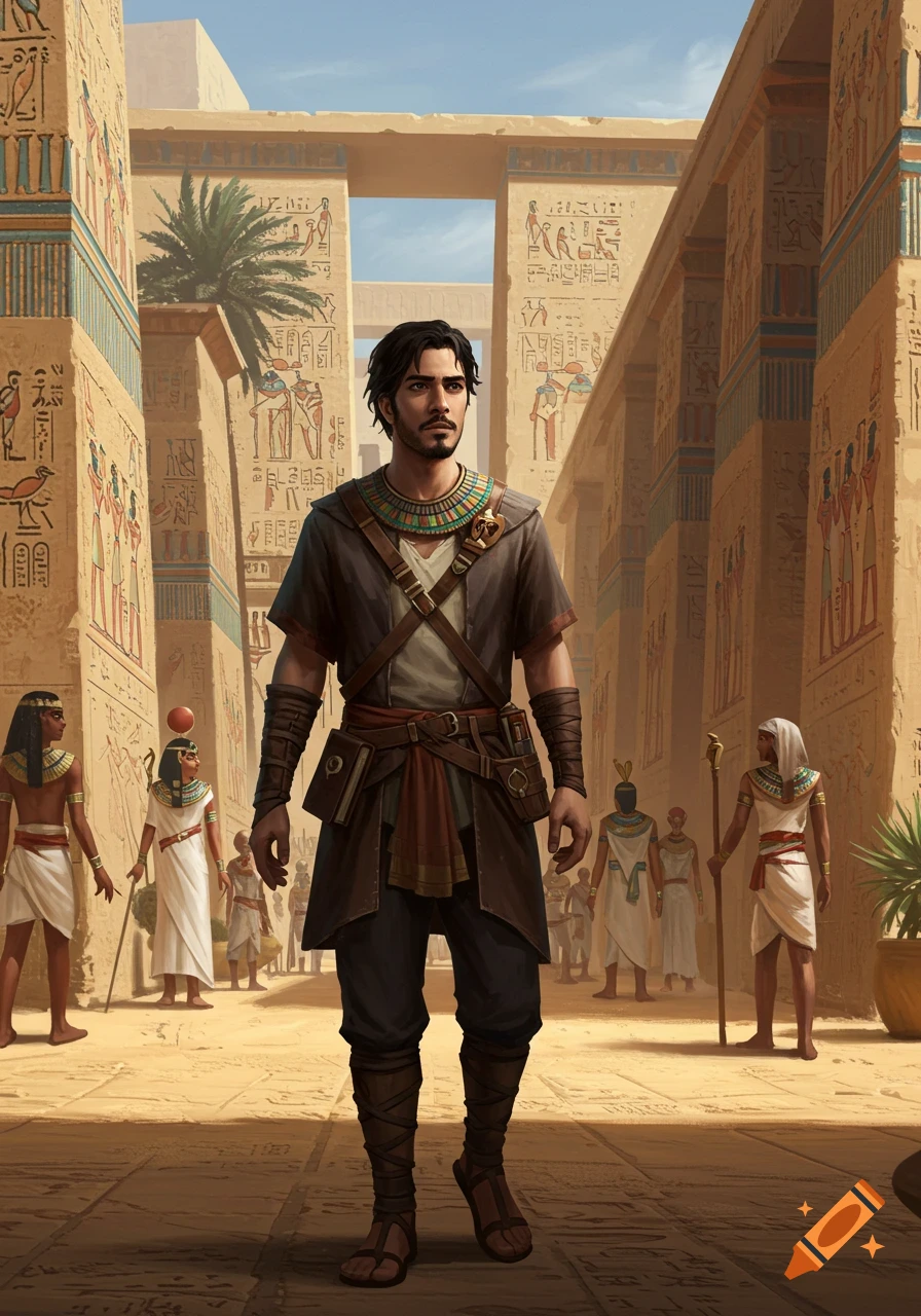 A man in traveler's clothes stands in an ancient Egyptian temple surrounded by hieroglyphs.