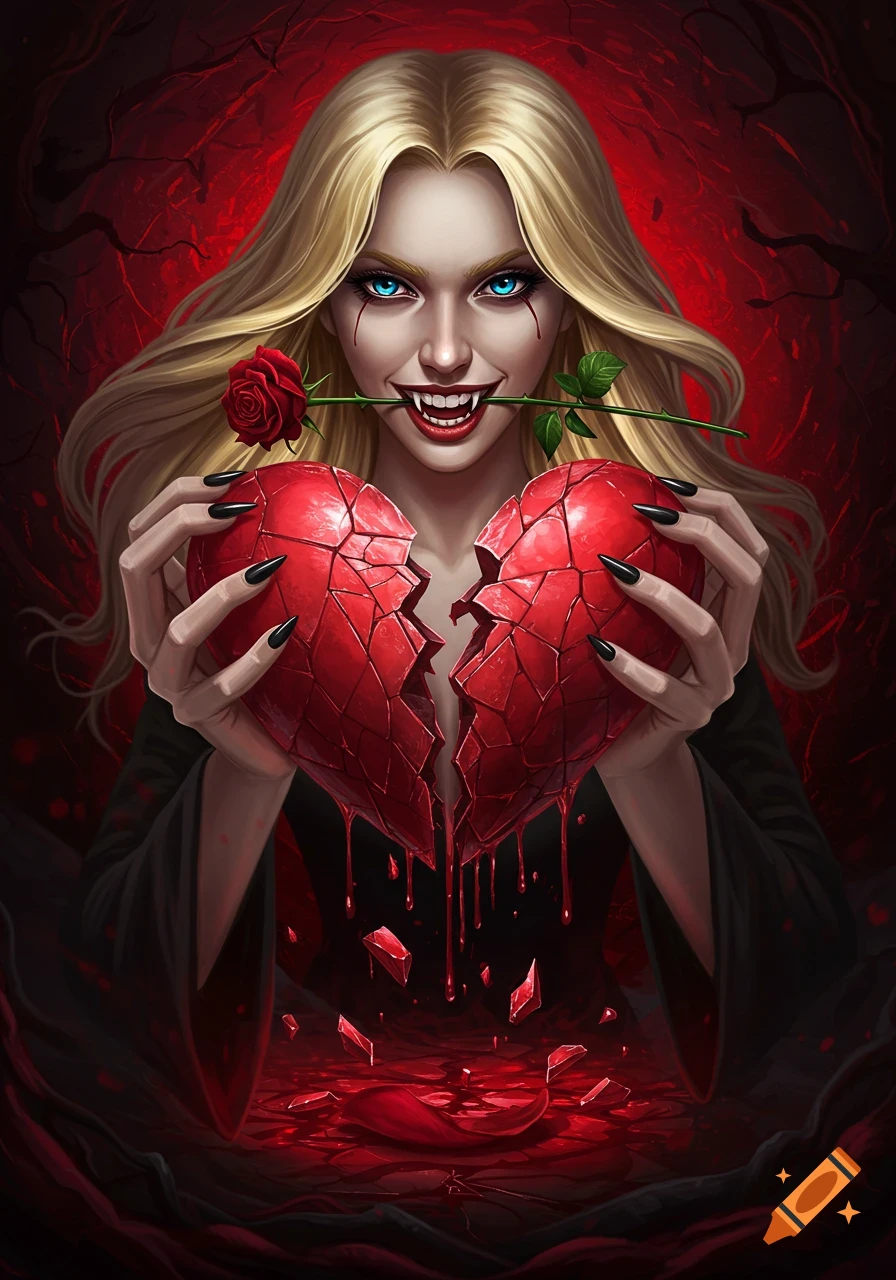 Blonde vampire woman with fangs holding a broken heart and a rose in a dark fantasy style.