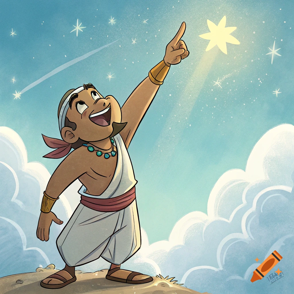 Cartoon illustration of a person pointing up at a bright star in the night sky.