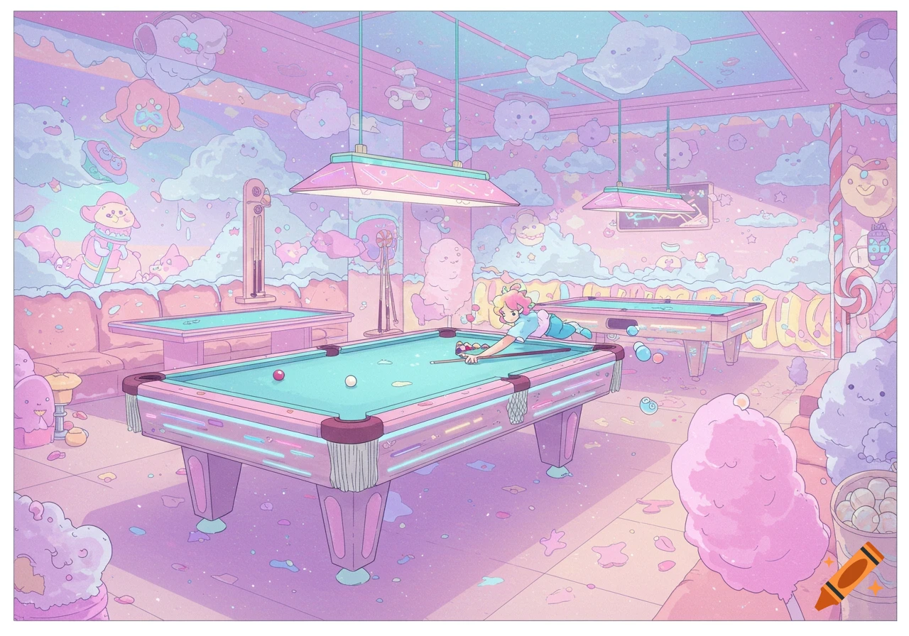 A cartoonish person plays pool in a pastel-colored dreamcore room filled with clouds and candy.