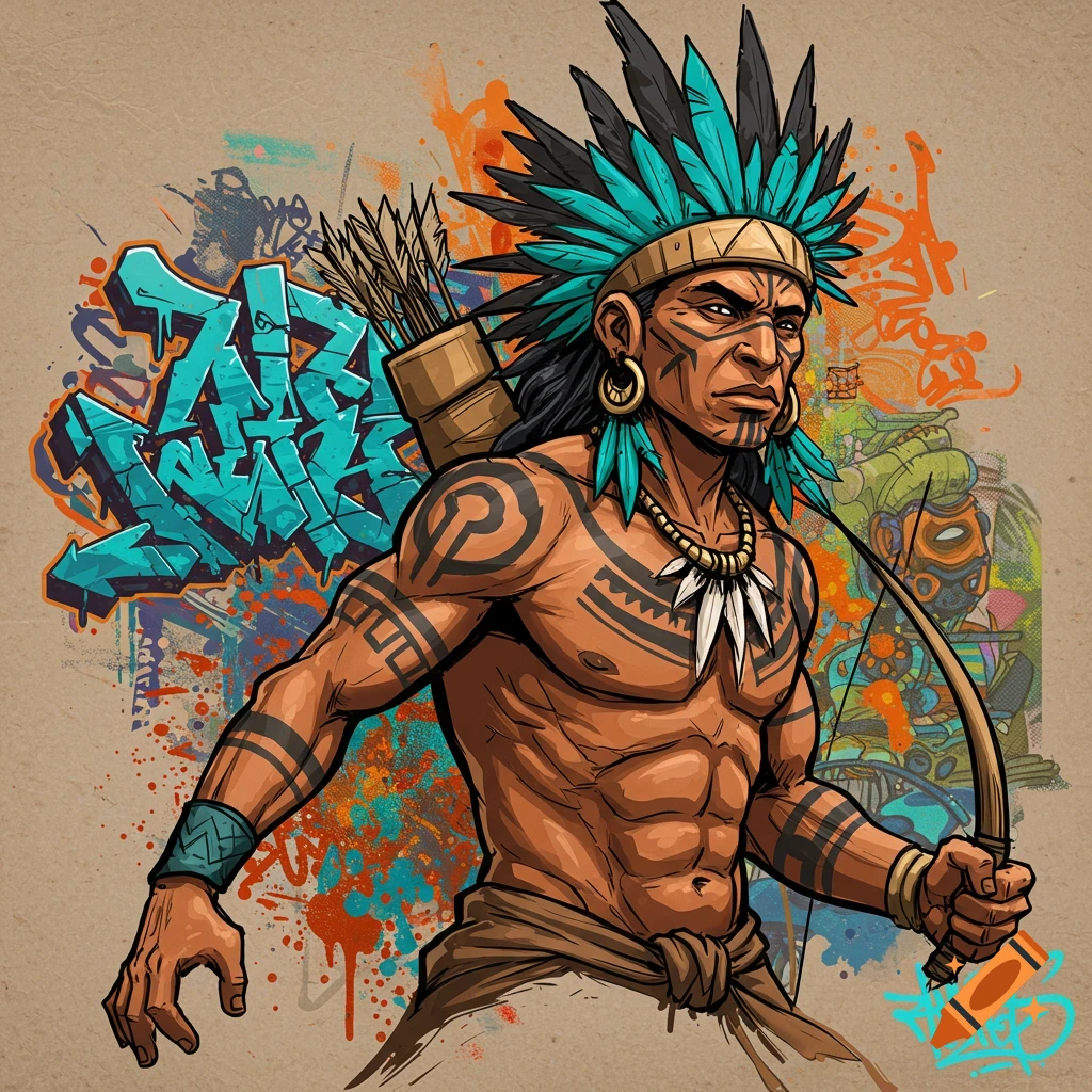 A Taino warrior with tribal tattoos holds a bow and quiver, standing against a background of colorful graffiti.