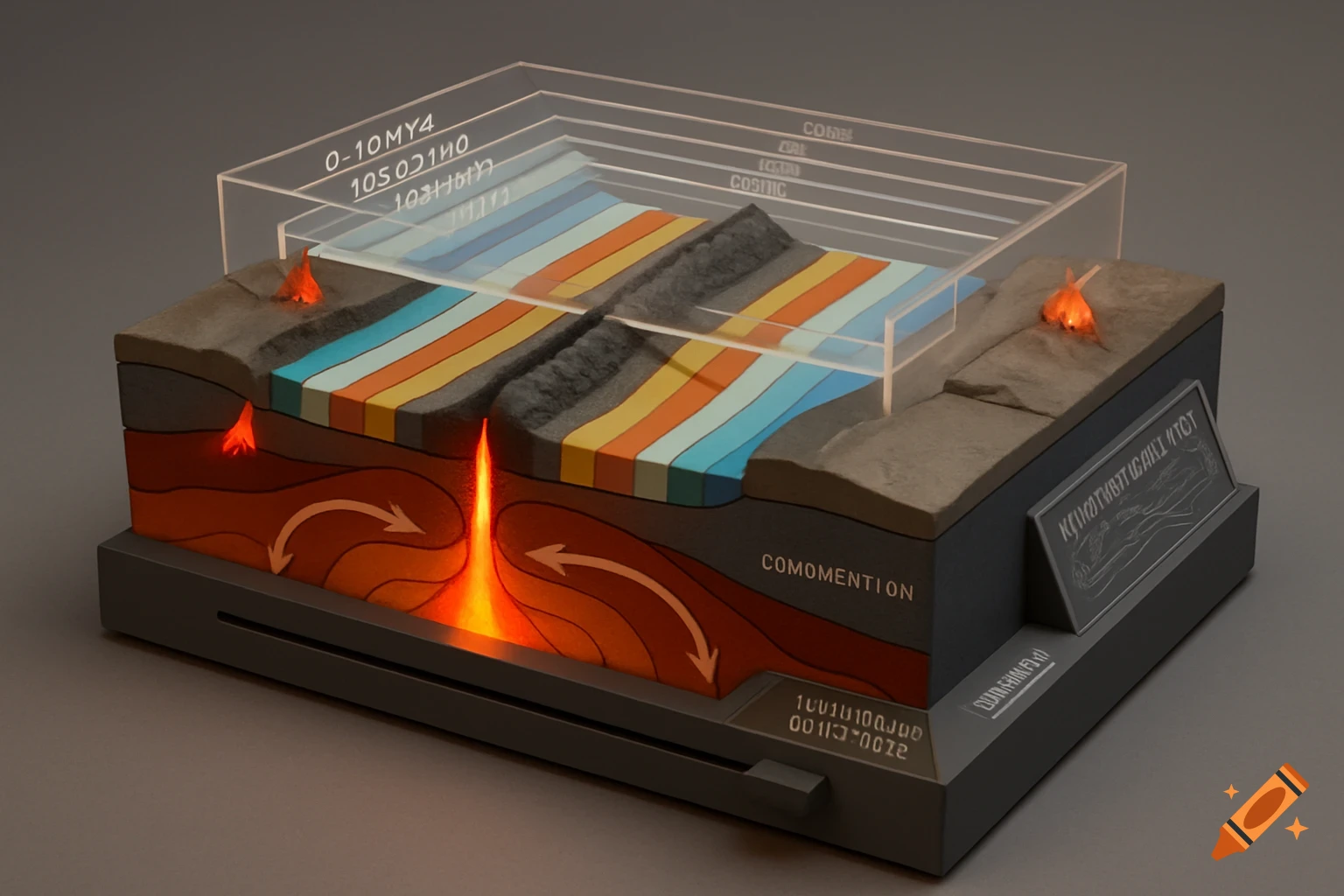Detailed 3D model of seafloor spreading, showing tectonic plates, layered rock, magma, and subduction zones.