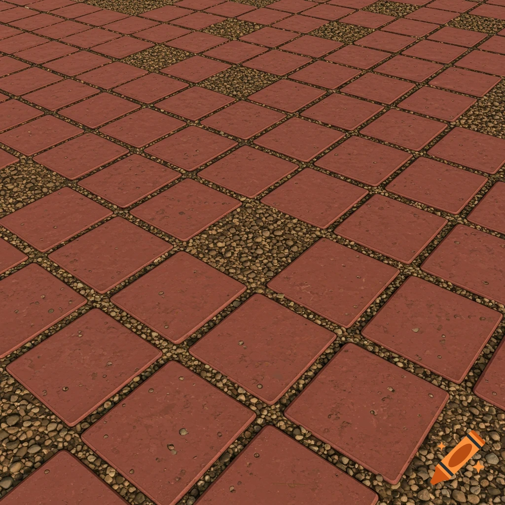 Close-up view of red square pavers with brown pea gravel in between.