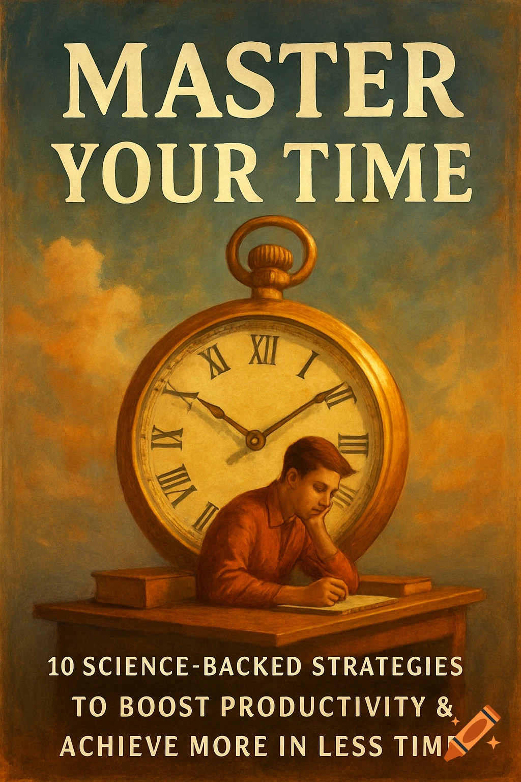 Book cover illustration of a person studying next to a giant pocket watch, with the title Master Your Time.