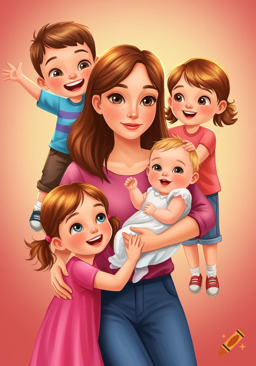 Cheerful cartoon illustration of a mother holding a baby with two older children smiling around her.
