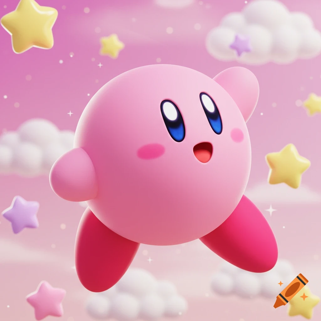 Kirby floats in a pink sky with clouds and stars in a cute, 3D style.