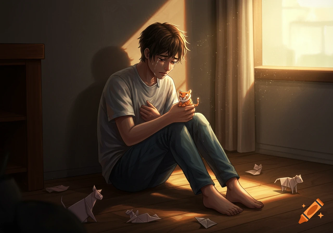 Digital painting of a young man sitting on the floor, crying and holding a paper tiger, with paper animals around him.