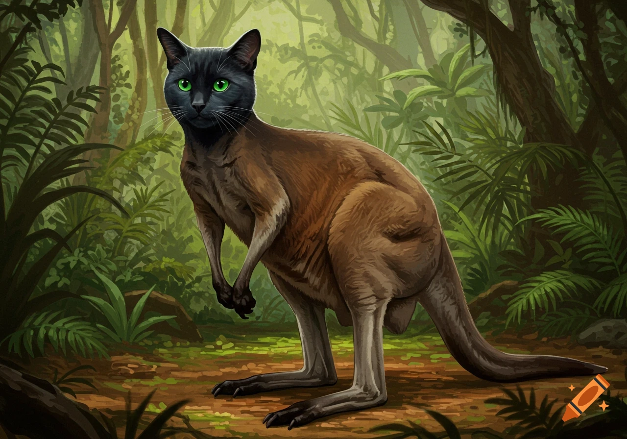 A black cat head on a kangaroo body stands in a jungle.