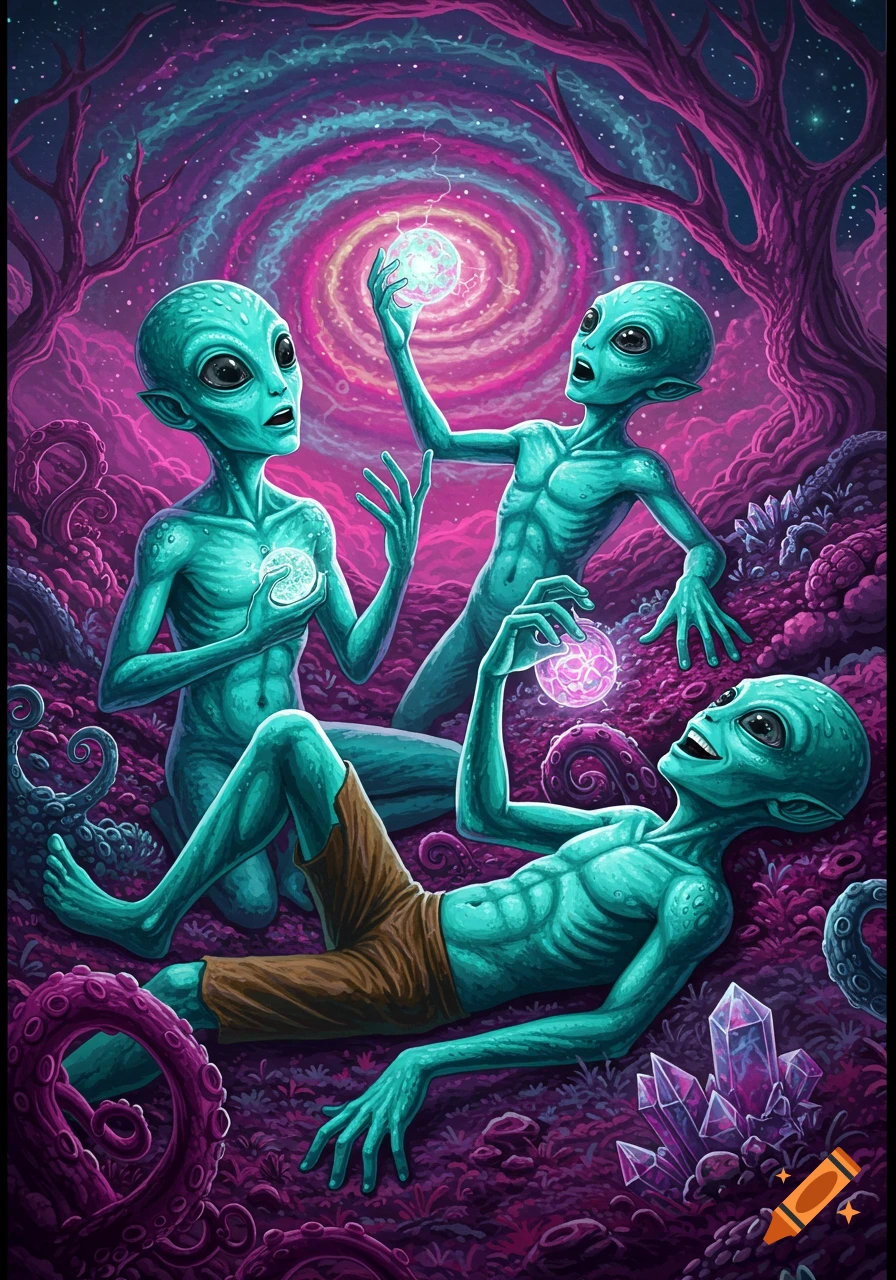 Three teal aliens with glowing orbs in a trippy alien landscape with crystals and a cosmic vortex, illustrated.