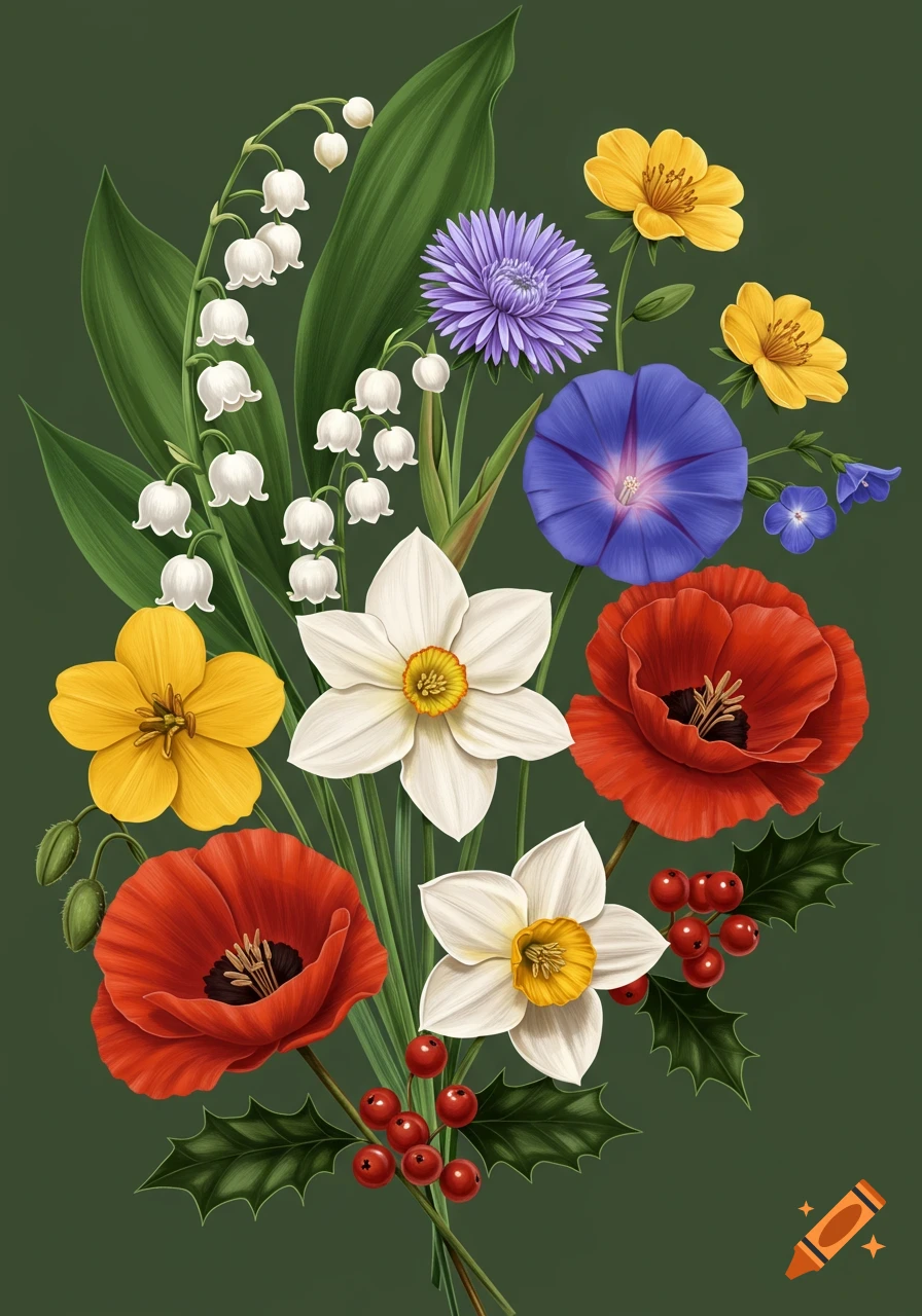 Stylized illustration of a bouquet of colorful flowers including lilies of the valley, daffodils, poppies, morning glory, and holly berries.