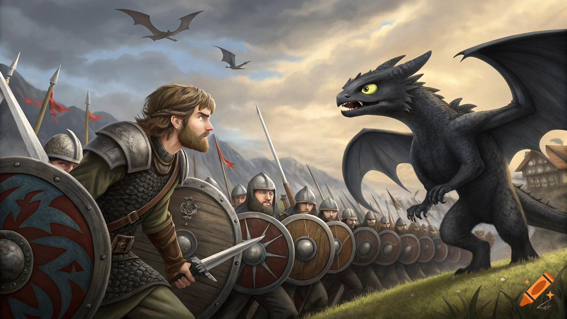 Cartoon illustration of a black dragon facing warriors.