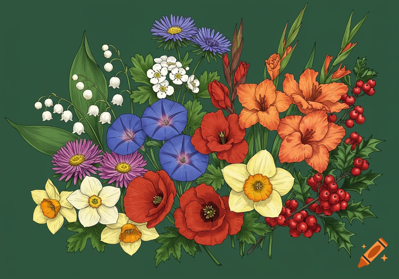 A colorful botanical illustration featuring various flowers and holly berries on a green background.