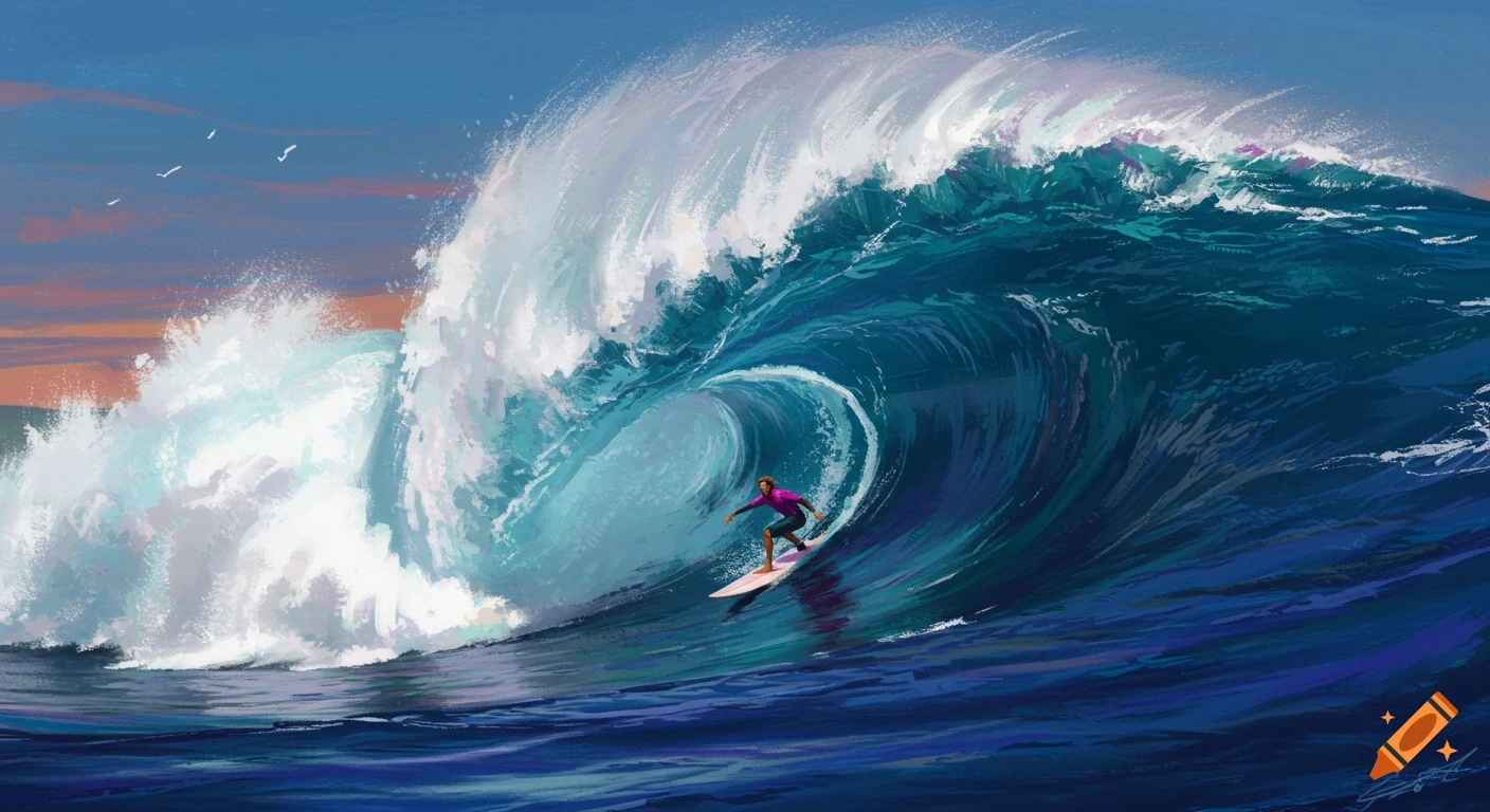 A stylized painting shows a surfer riding a huge wave under an orange sky.