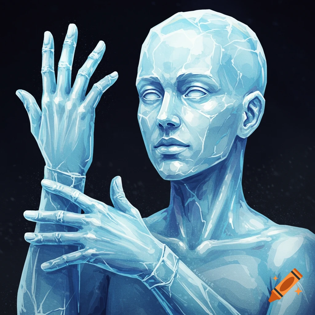 Close-up illustration of a person's head and hands made of cracked blue ice against a dark background.