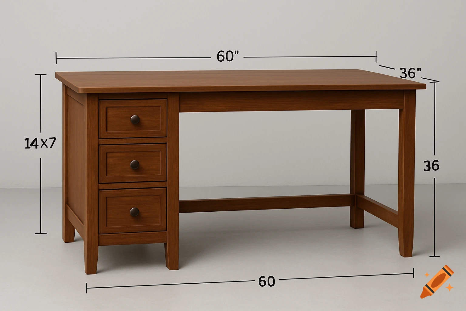 A wooden desk with three drawers and dimension labels.
