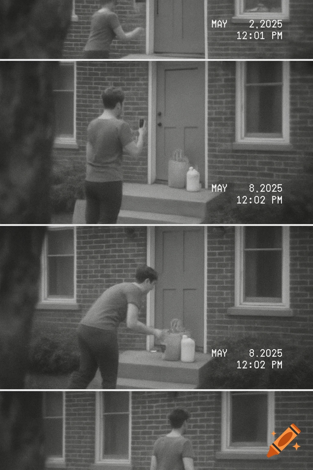 Four panels of blurry black and white security camera footage showing a person delivering groceries to a house.