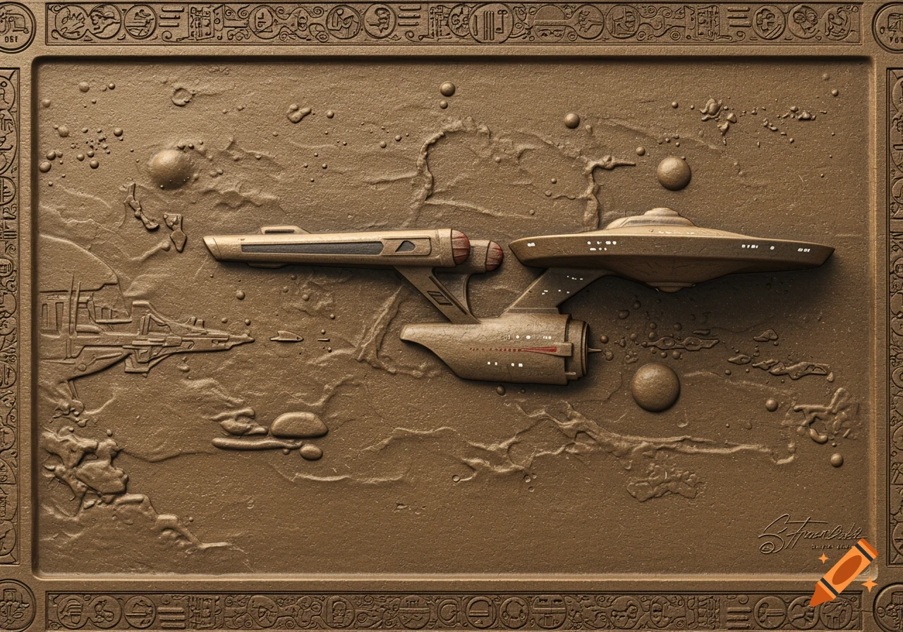 Bas relief sculpture of Star Trek ships and symbols