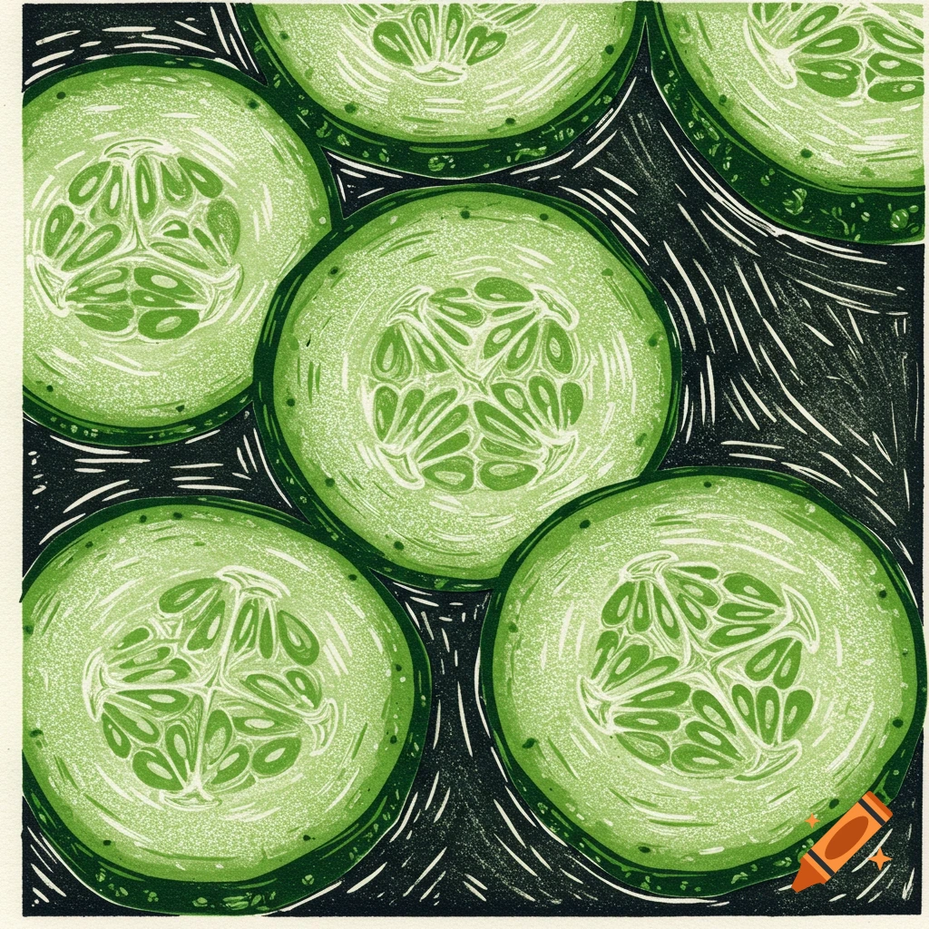 Close-up linocut print of multiple green cucumber slices