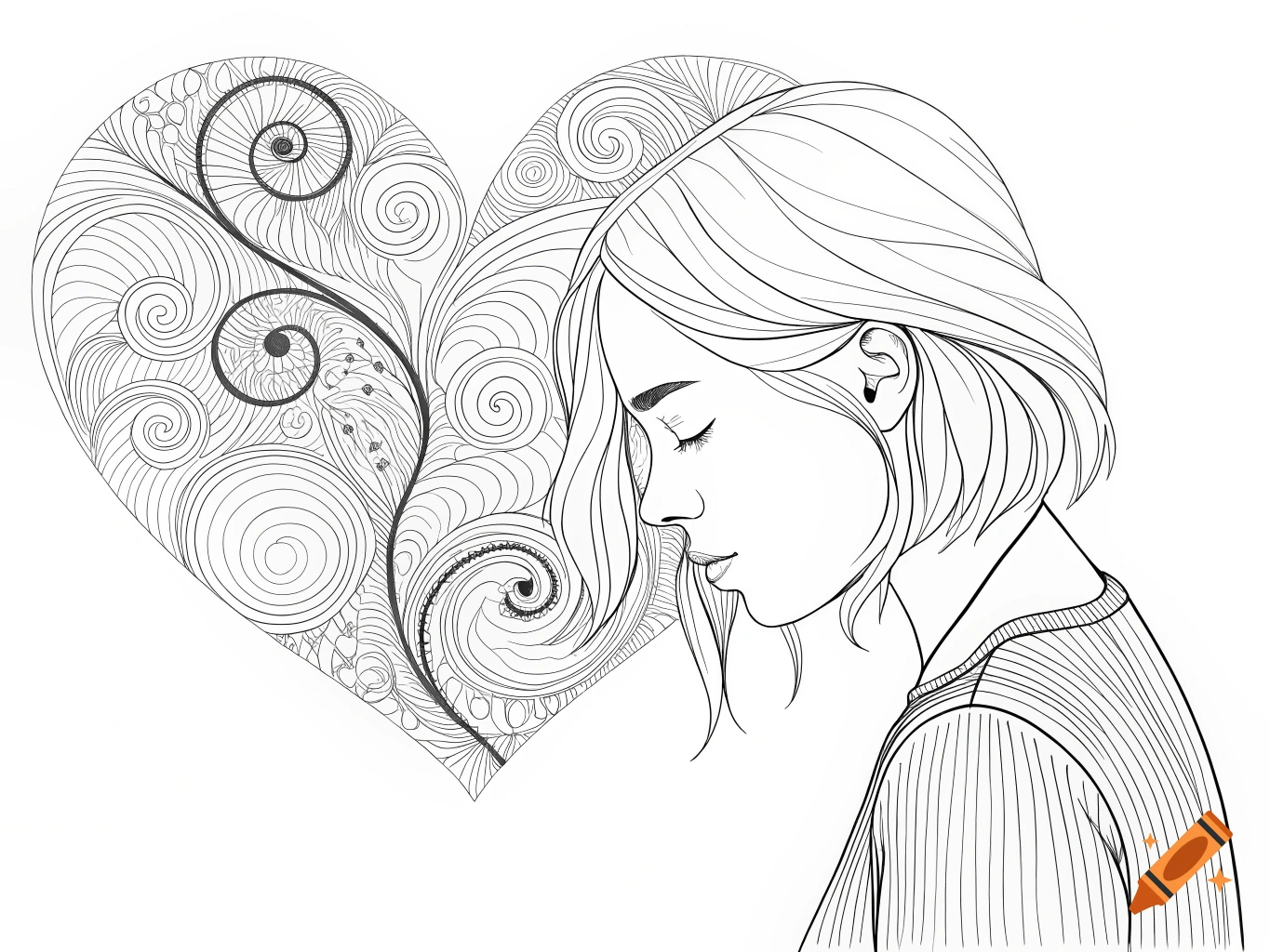 Outline drawing of a woman's profile looking at a large decorative heart.