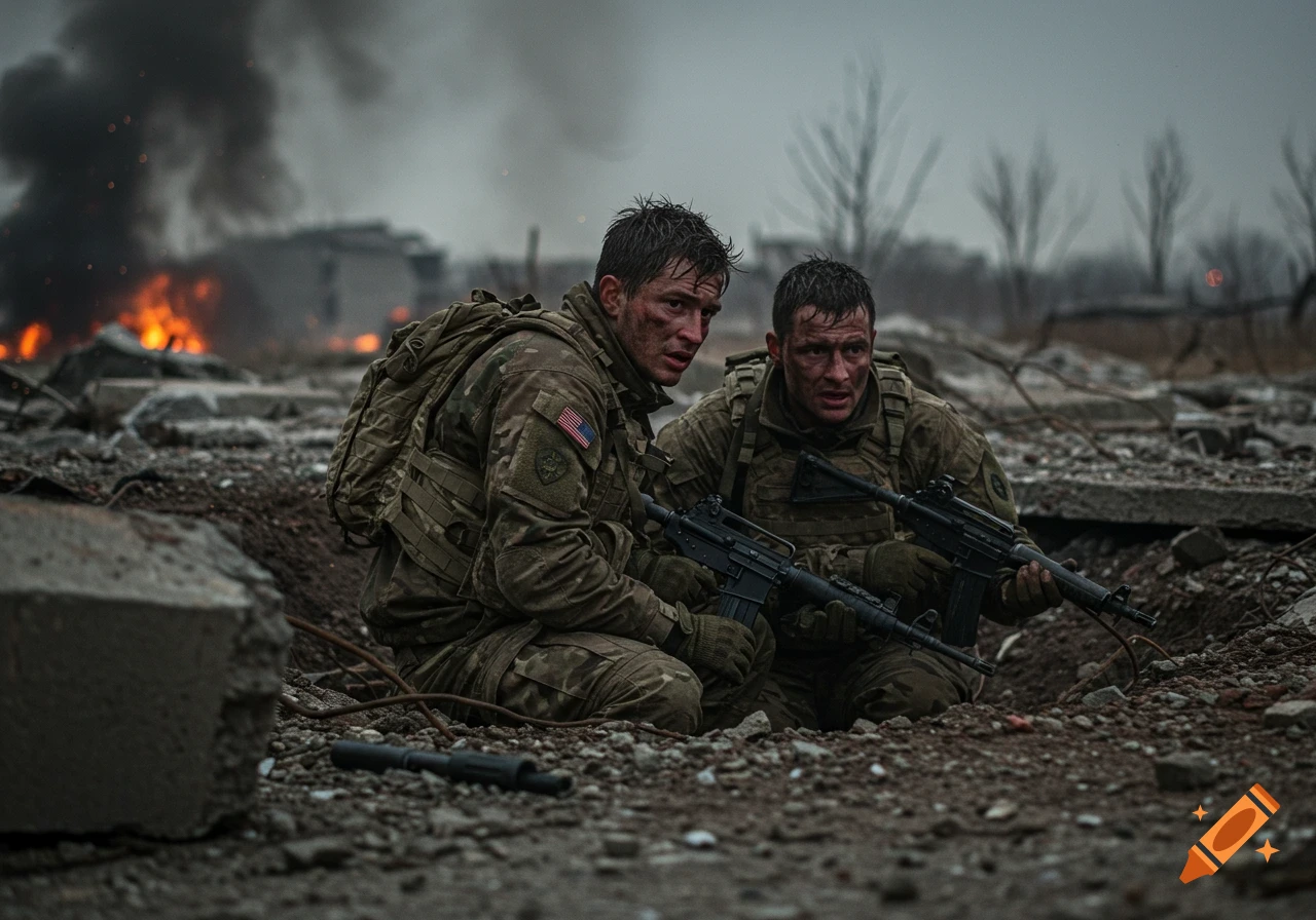 Two soldiers crouch in a bombshell hole amidst debris and smoke from explosions.