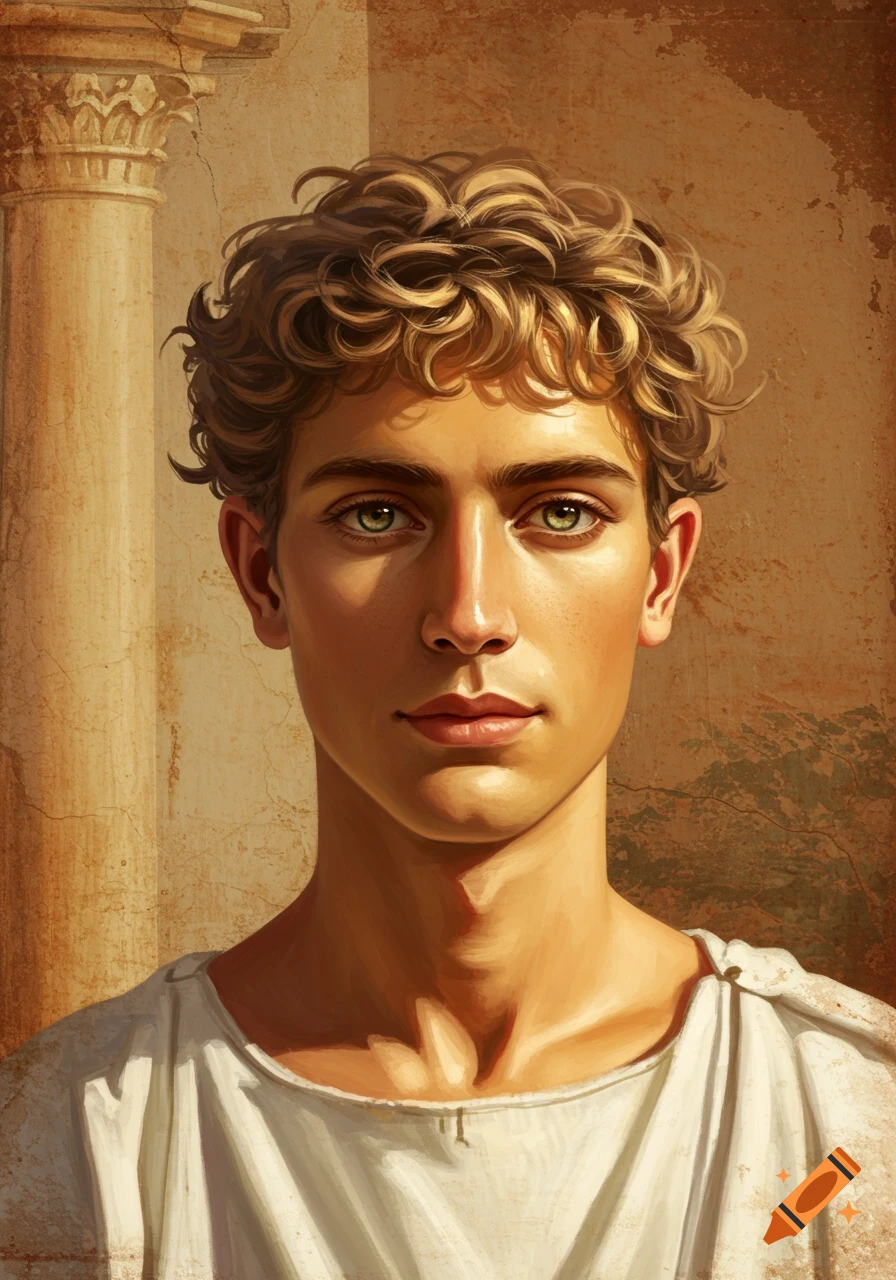 A young Roman man with curly blonde hair and green eyes in a white tunic, painted in the style of an ancient fresco.