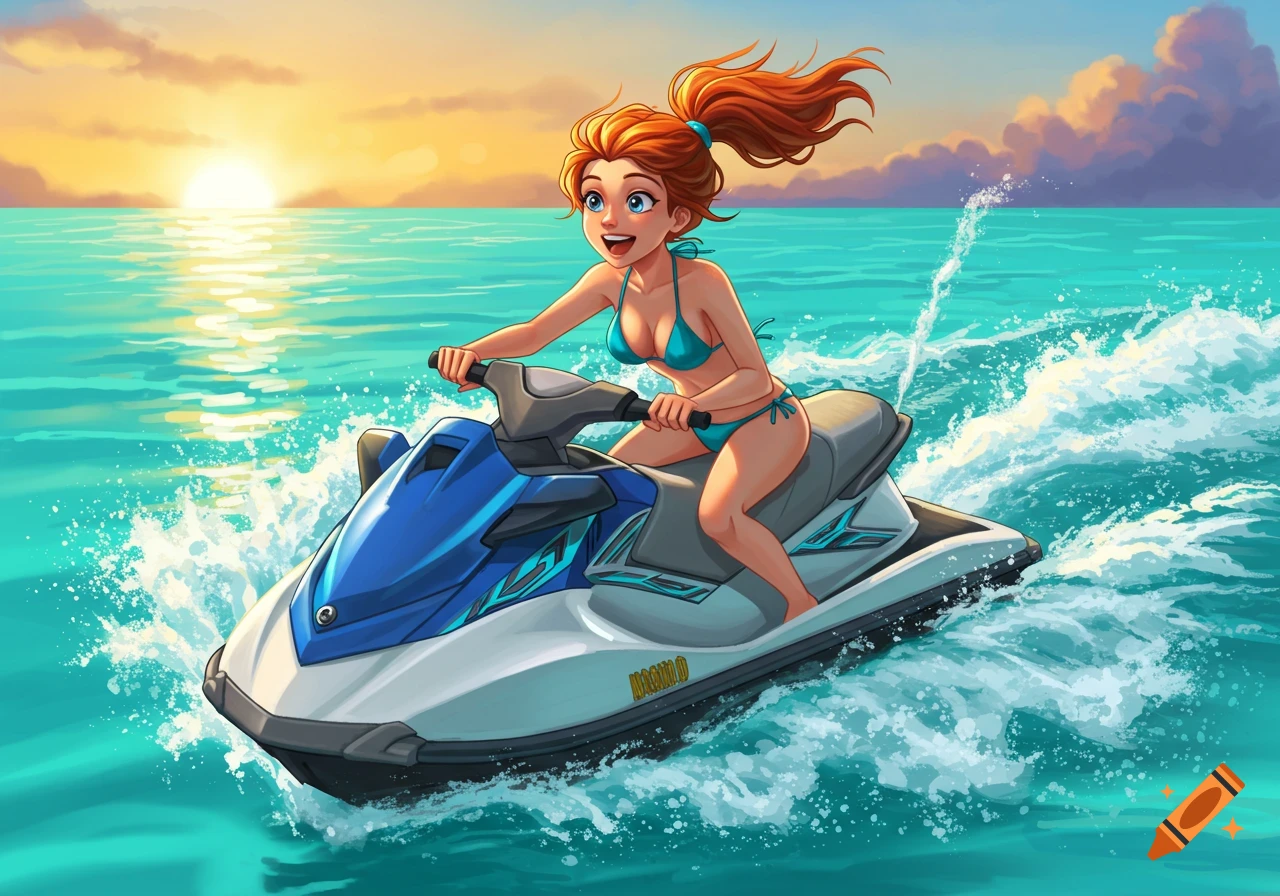 Illustration of a smiling woman in a bikini riding a jet ski on the ocean at sunset.