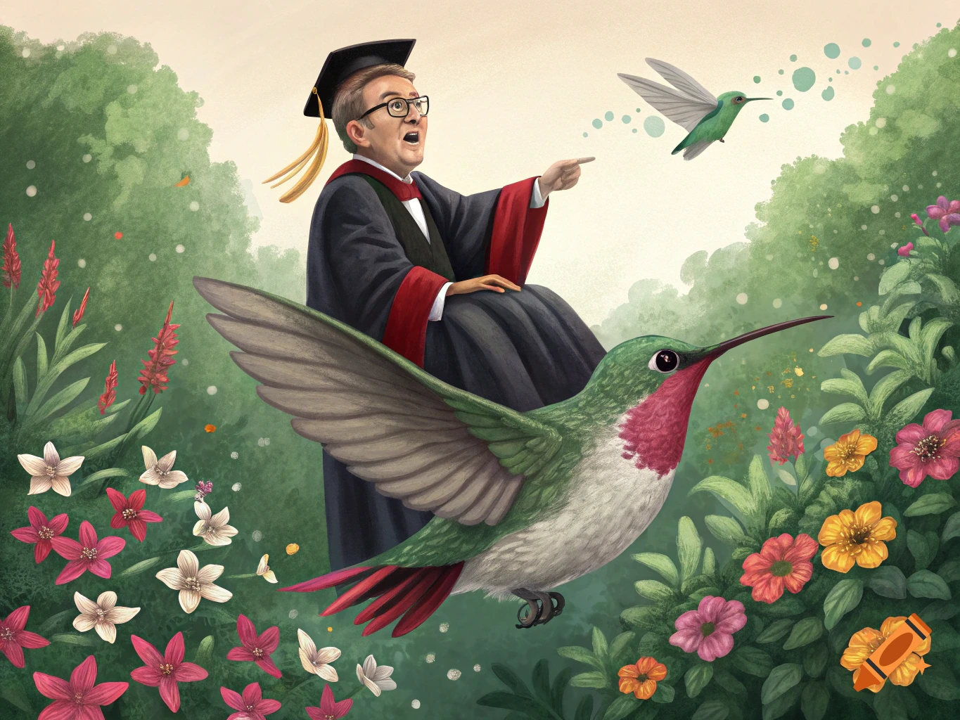 An illustration of a professor in graduation robes riding a giant hummingbird through a lush garden, pointing at another hummingbird.